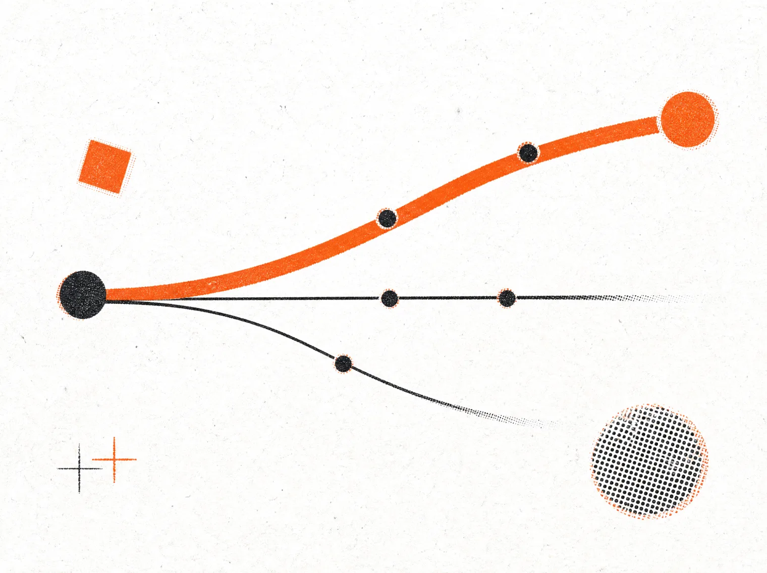 Illustration im Risographie-Stil: drei Routen ab einem Punkt, die gewählte führt als orangefarbene Kurve nach oben