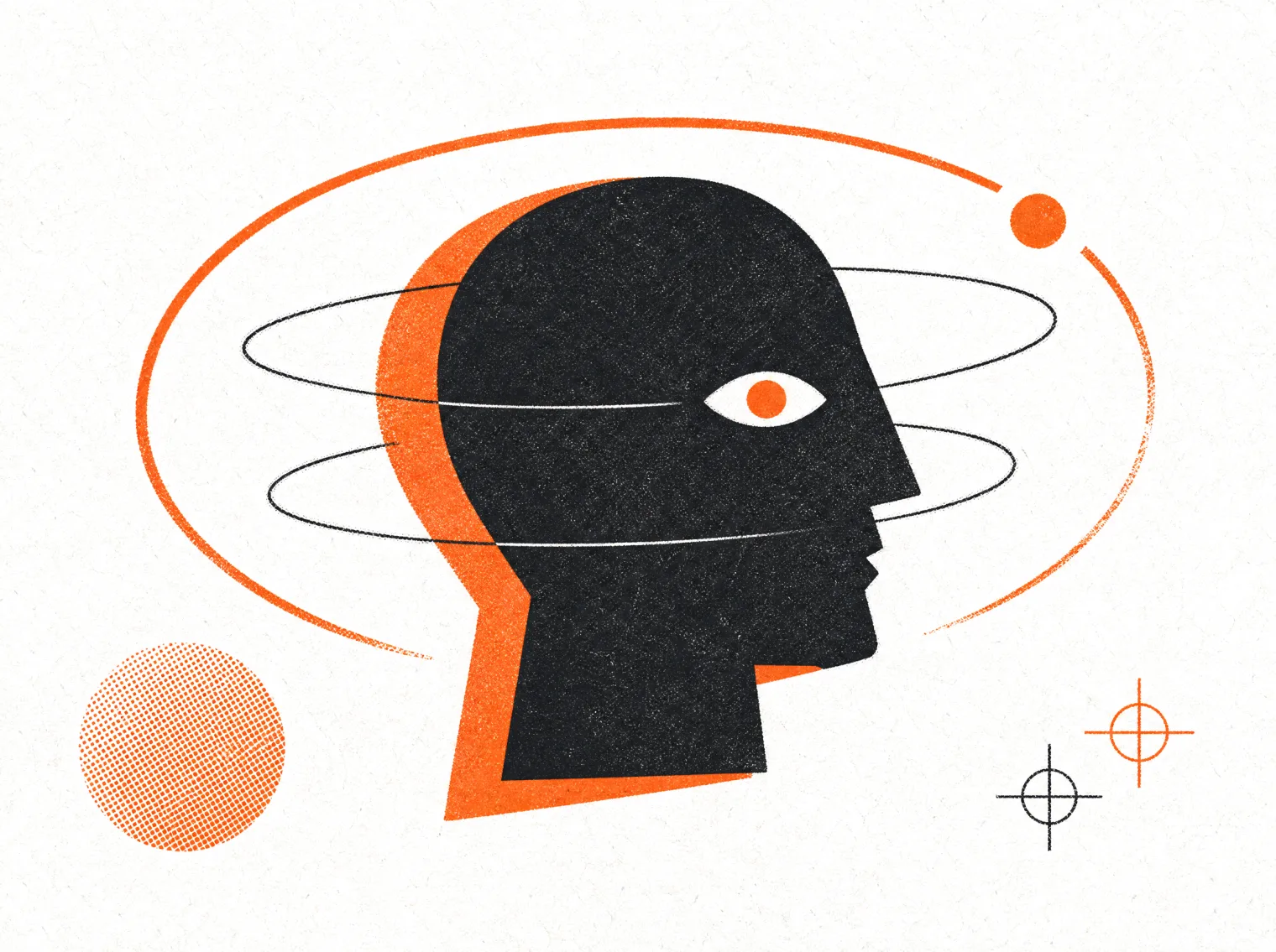 Illustration im Risographie-Stil: schwarzer Kopf im Profil mit orangefarbener Druck-Versatzlage, umkreist von Umlaufbahnen