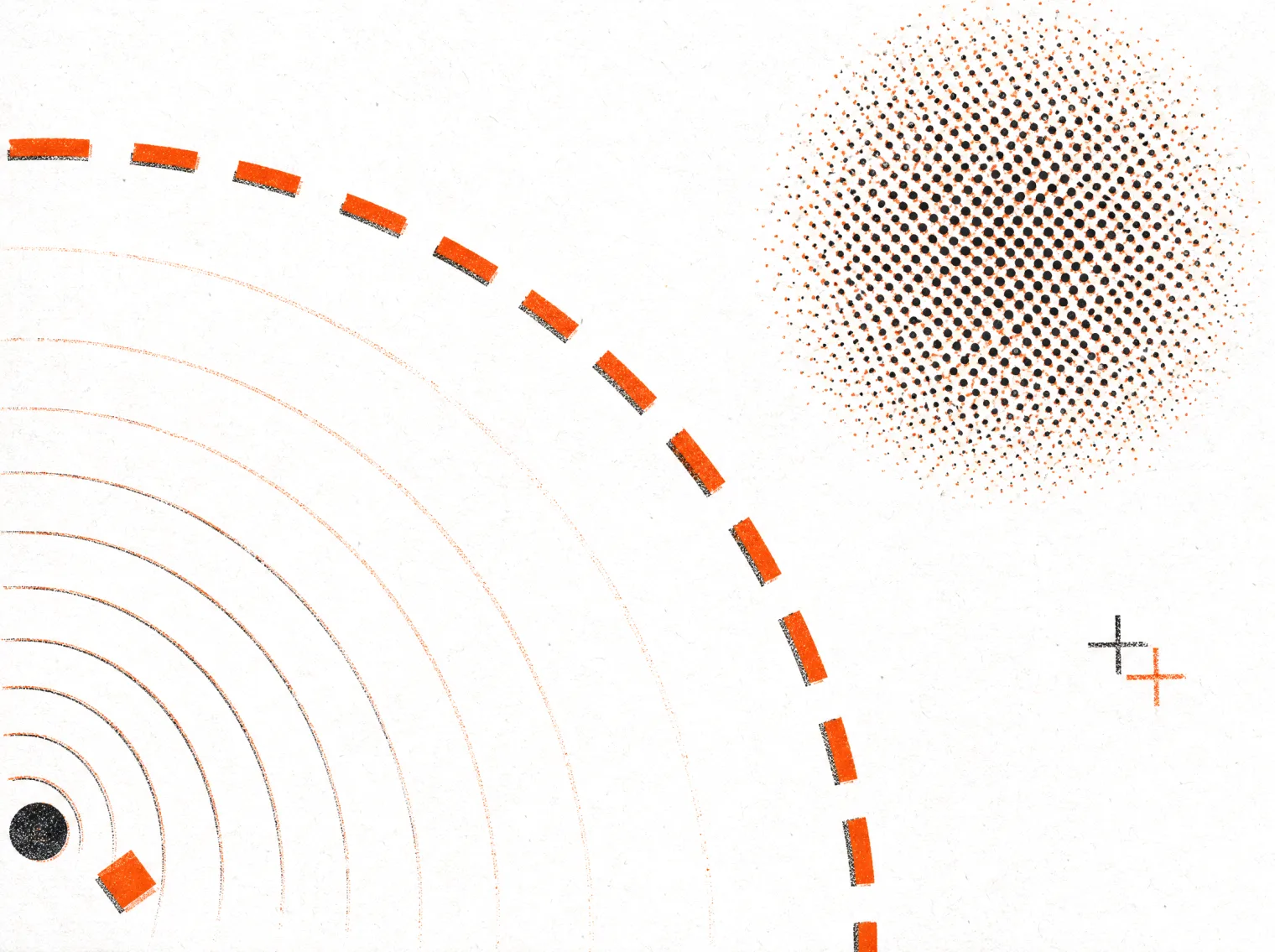 Illustration im Risographie-Stil: Signalbögen breiten sich von einem Punkt zu einem Publikum aus Rasterpunkten aus