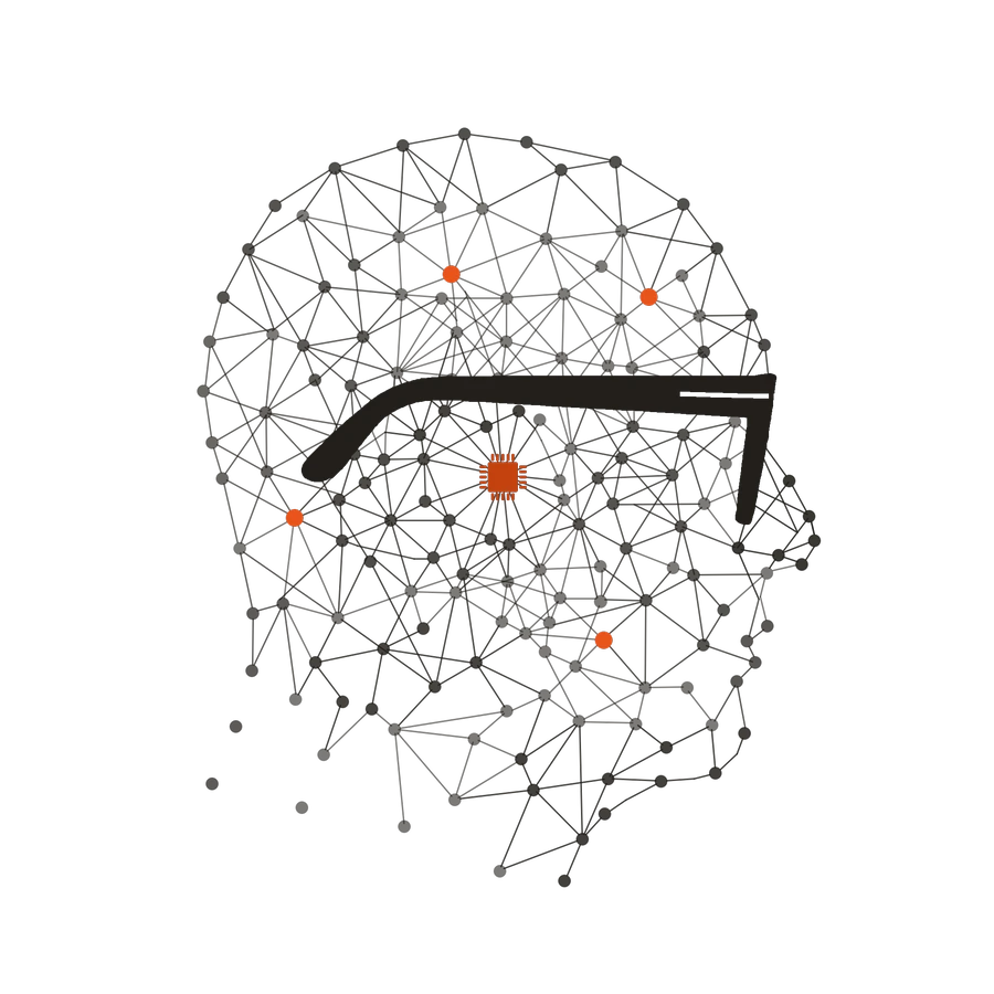 Kostjas Seitenprofil als neuronales Drahtgitter, mit Brille und Chip-Symbol an der Stelle des Denkens