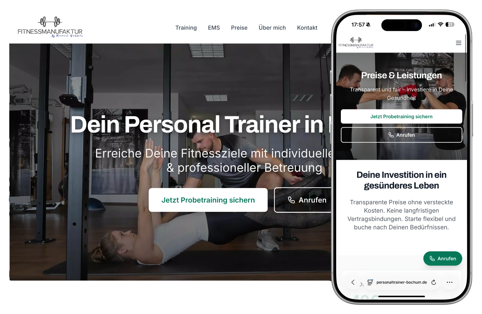 Website der Fitnessmanufaktur Bochum auf Desktop und iPhone: Startseite mit Personal-Training-Szene und Probetraining-Button, am Handy die Preisseite